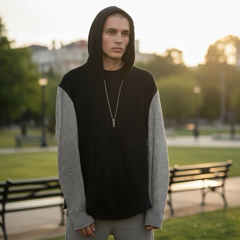 John Elliott‎ + Co Mens Zip Hoodie Sweatshirt Cotton Blend Black Gray Colorblock